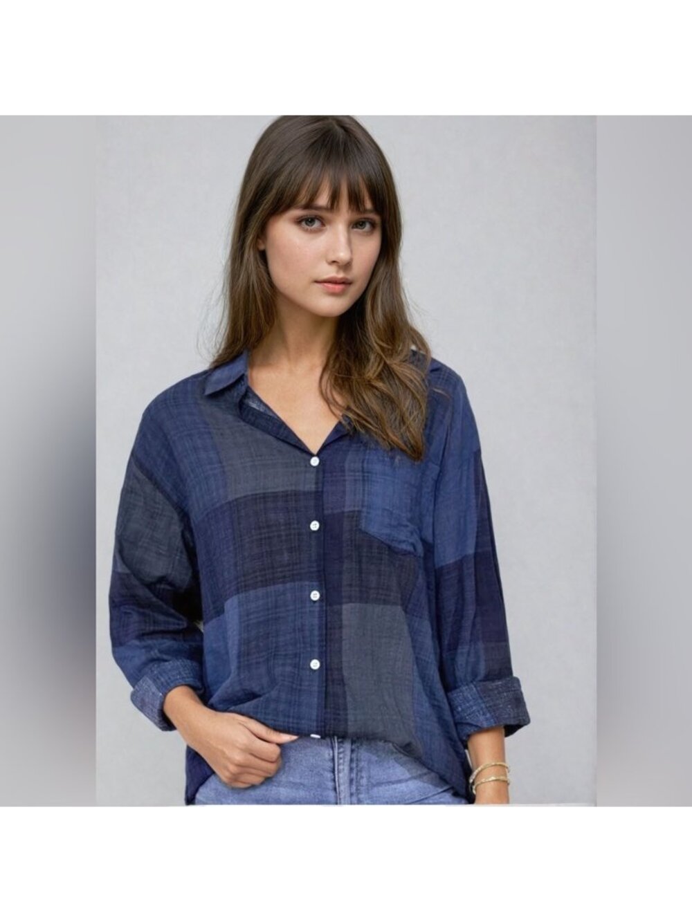 Blue Color Block  Button Down Shirt - Picture 4 of 7